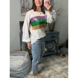 Mardi Gras Sequined Color Block French Terry Purple Green Gold Ivory 1123